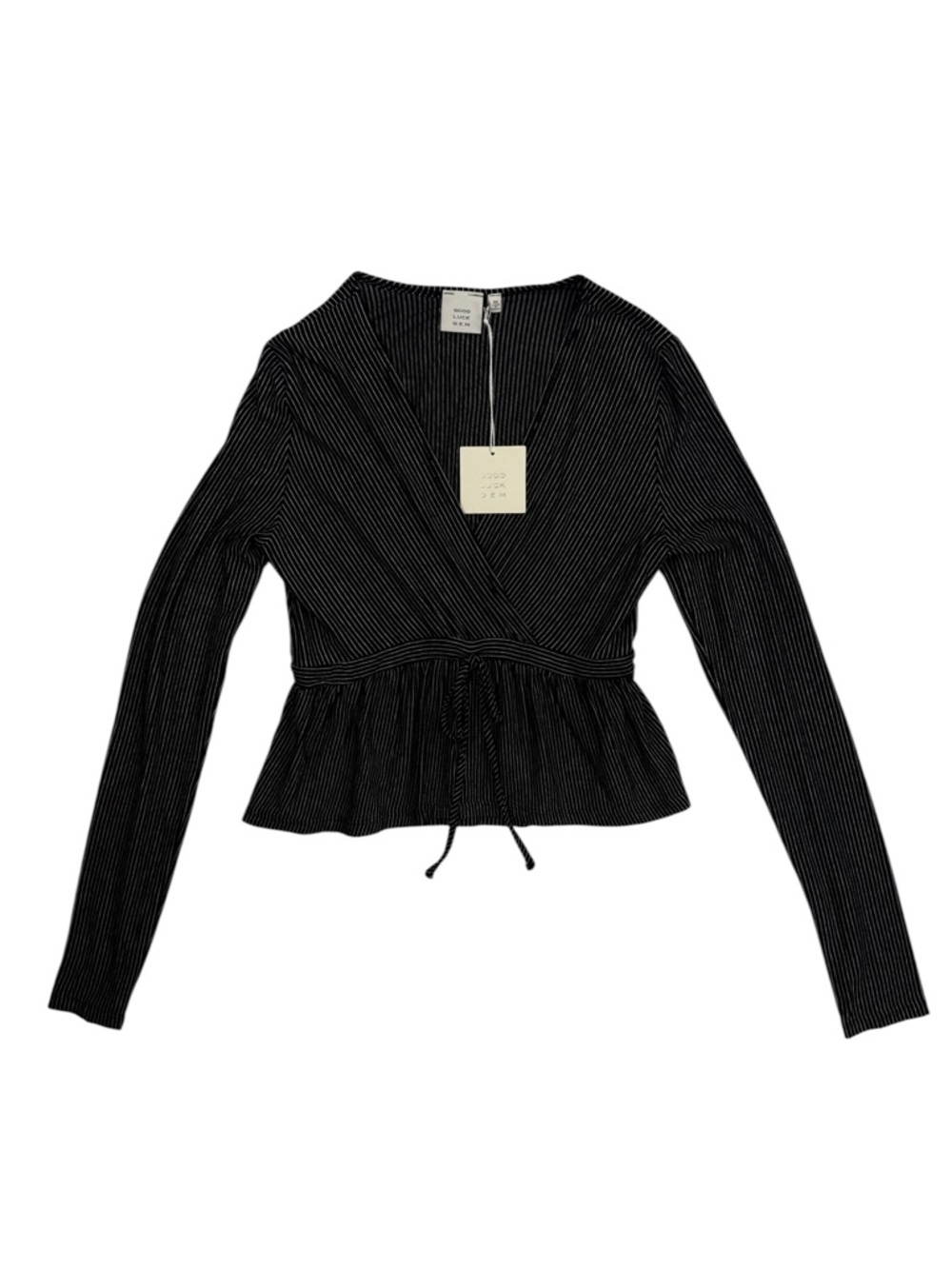 Good Luck Gem NWT Black Pinstripe Wrap Peplum Top Size XS - Picture 2 of 5